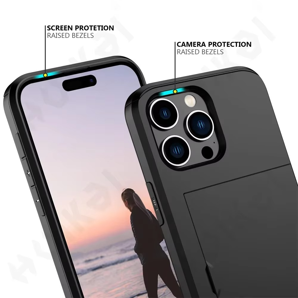 Rugged iPhone Case — Slide Wallet Armor Cover with Card Slots, Shockproof Dual-Layer Heavy-Duty Protection and Anti-Fingerprint Scratch-Resistant Non-Slip Design