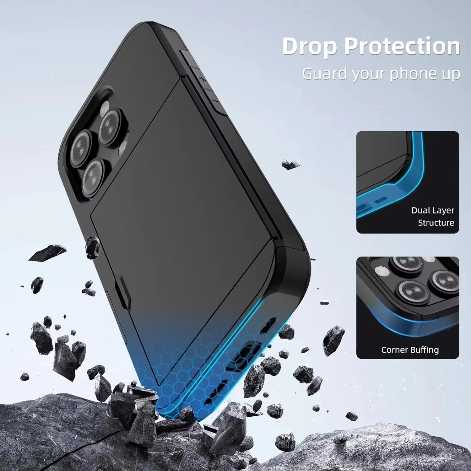 Rugged iPhone Case — Slide Wallet Armor Cover with Card Slots, Shockproof Dual-Layer Heavy-Duty Protection and Anti-Fingerprint Scratch-Resistant Non-Slip Design