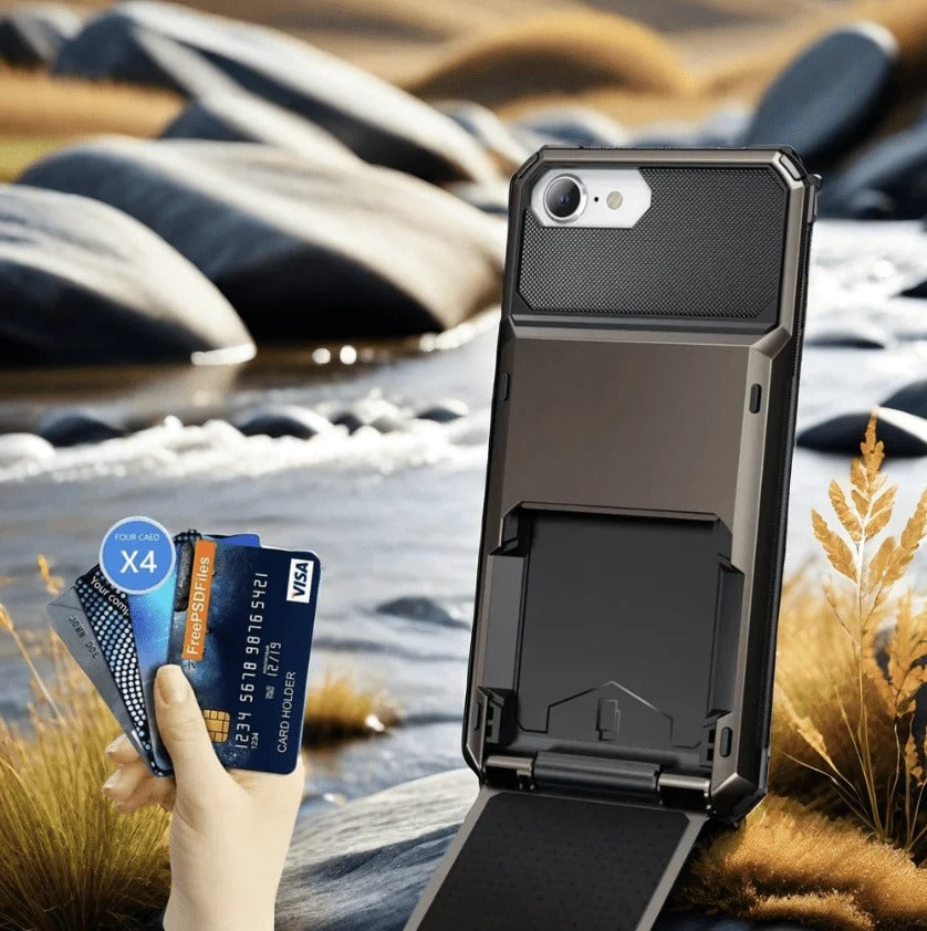 Rugged iPhone Case — Wallet Armor Cover with Card Holder, TPU Bumper Full-Coverage Design, Magnetic Ring Kickstand and Military-Grade Shockproof Scratch-Resistant Protection