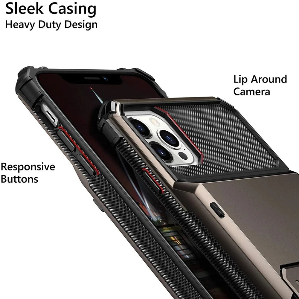 Rugged iPhone Case — Wallet Armor Cover with Card Holder, TPU Bumper Full-Coverage Design, Magnetic Ring Kickstand and Military-Grade Shockproof Scratch-Resistant Protection