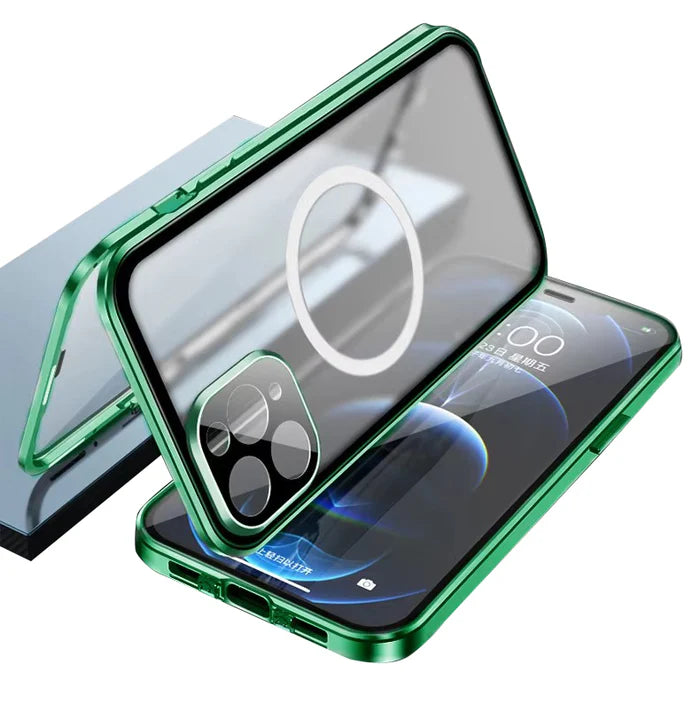 Luxury iPhone Case — MagSafe Double-Sided Glass Cover with 360° Full-Body Protection, HD Transparent Metal Alloy Frame and Magnetic Shockproof Anti-Fingerprint Design