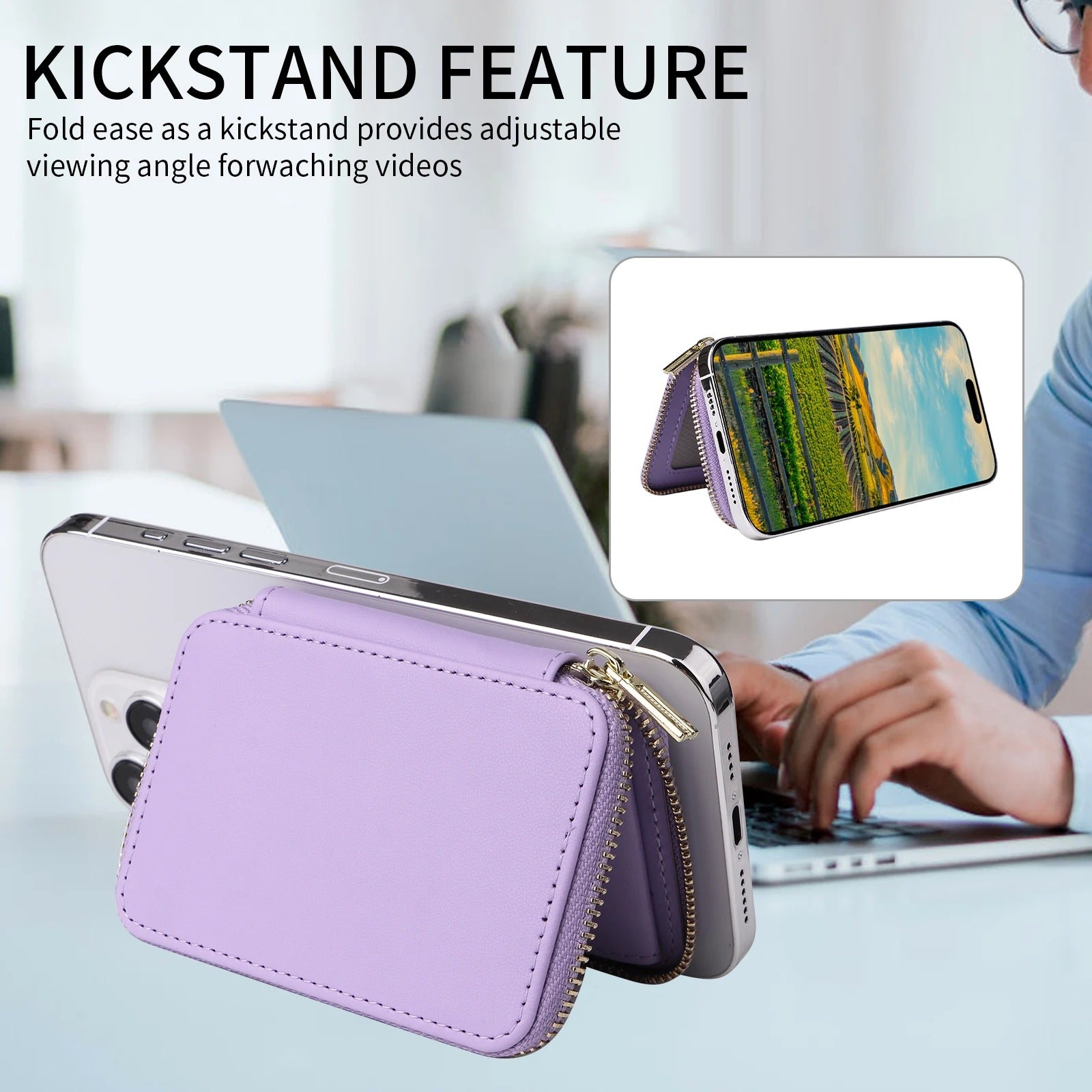 Refined iPhone Mangetic Leather Wallet, MagSafe-Compatible Card Holder with RFID Blocking, Slim Storage Design with Lanyard Support