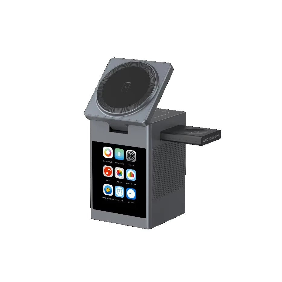 Premium iPhone Magnetic Wireless Charging Station, 15W Fast-Charge Stand with LED Display, Bluetooth Speaker & Alarm Clock