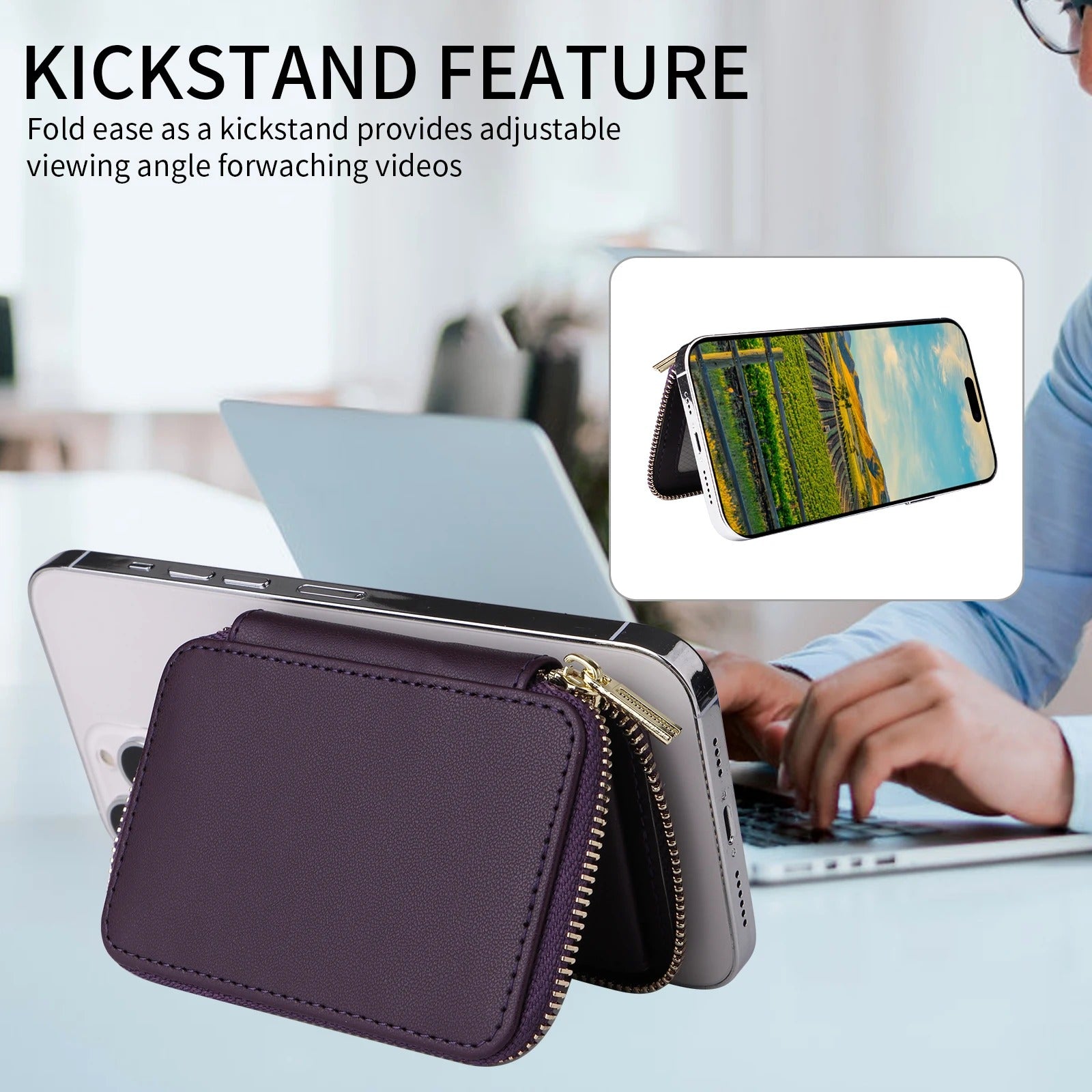 Refined iPhone Mangetic Leather Wallet, MagSafe-Compatible Card Holder with RFID Blocking, Slim Storage Design with Lanyard Support