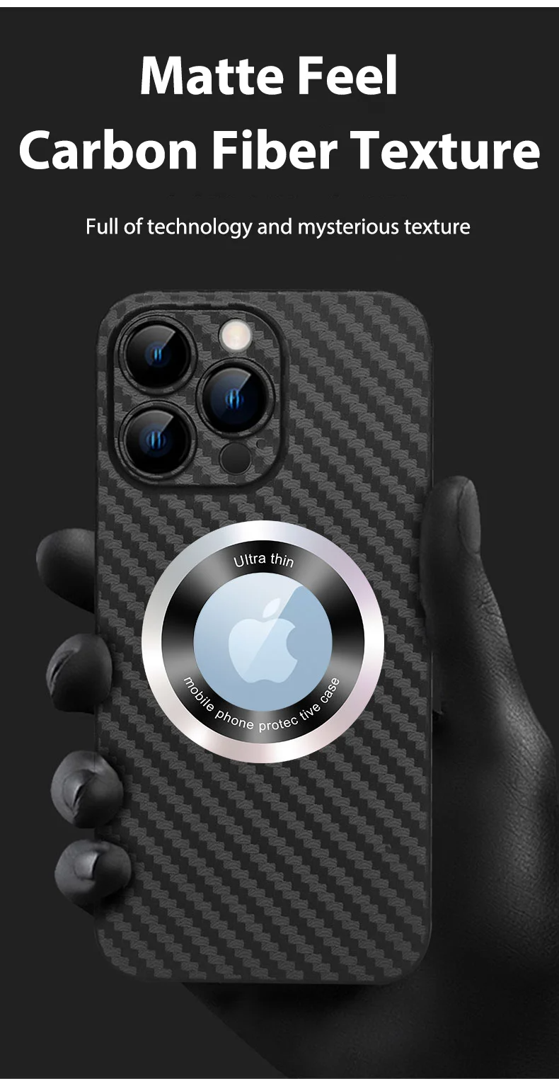 Ultra-Slim iPhone Case MagSafe Compatible Carbon Fiber Cover — Frameless Matte Design, Magnetic Wireless Charging, Cooling Shockproof Anti-Fingerprint Protection