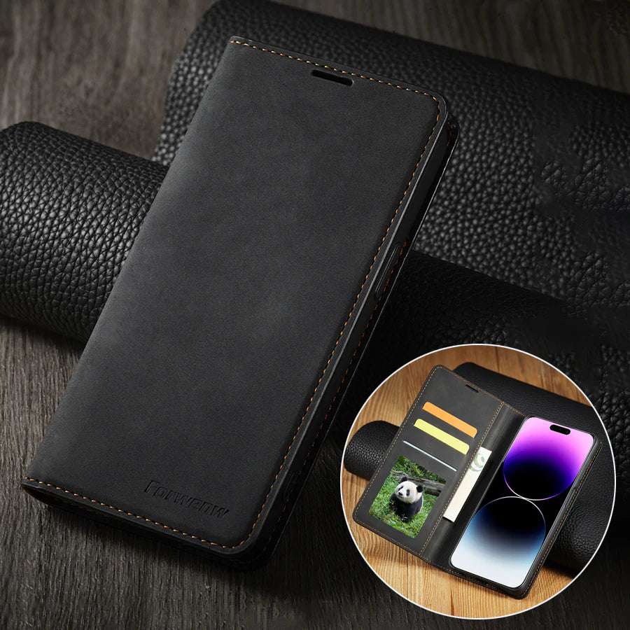 Ultra-Slim iPhone Case — Leather Flip Wallet Cover with Magnetic Suede Finish, Card Slots, Cash Pocket, Stand Function and Lightweight Full-Body Protection
