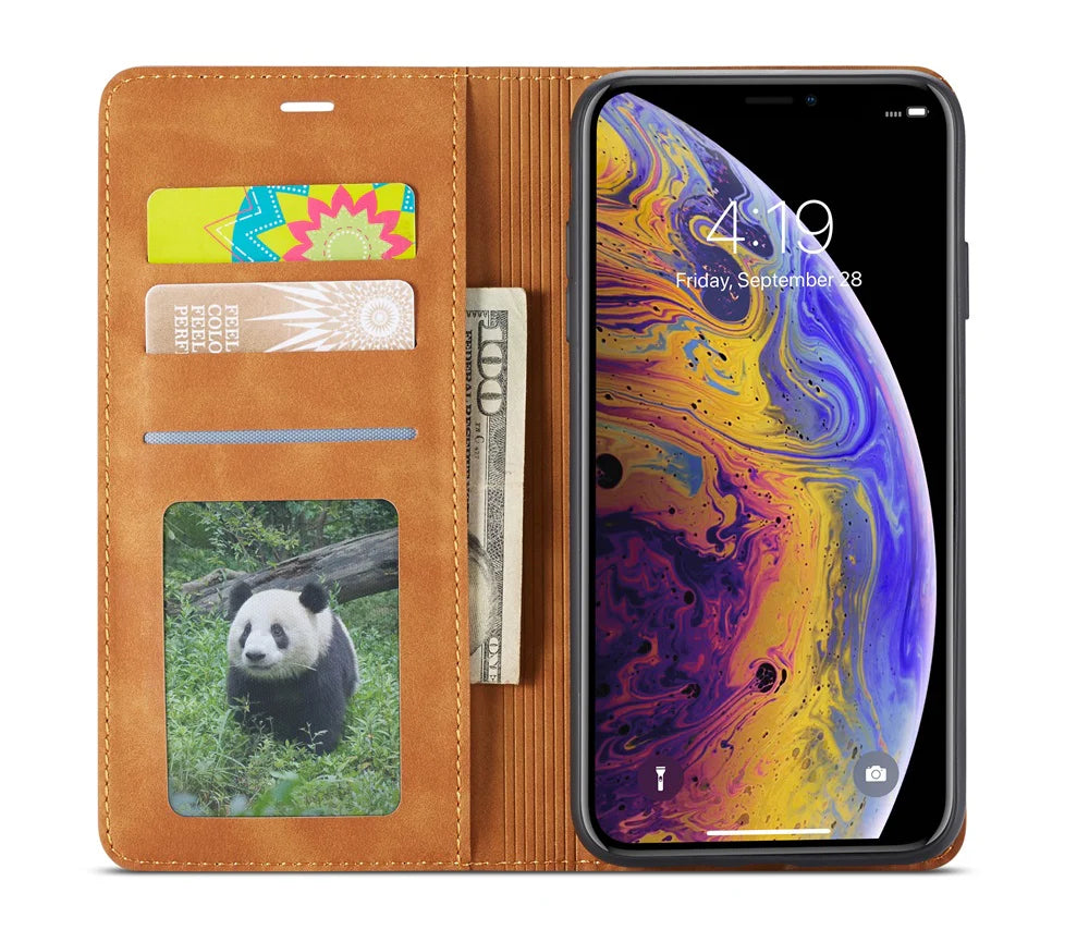Ultra-Slim iPhone Case — Leather Flip Wallet Cover with Magnetic Suede Finish, Card Slots, Cash Pocket, Stand Function and Lightweight Full-Body Protection