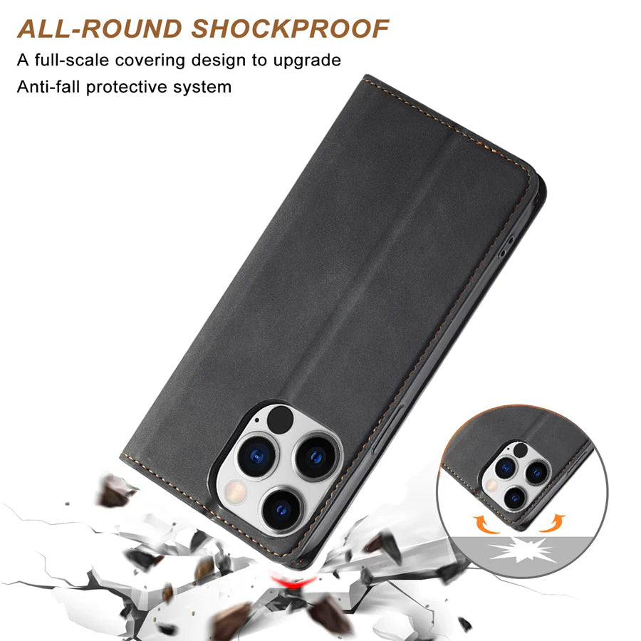 Ultra-Slim iPhone Case — Leather Flip Wallet Cover with Magnetic Suede Finish, Card Slots, Cash Pocket, Stand Function and Lightweight Full-Body Protection