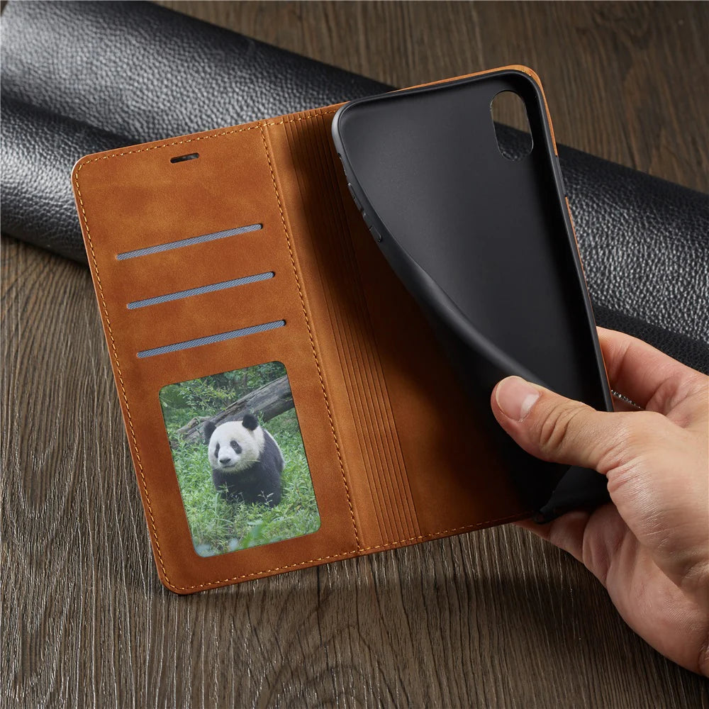 Ultra-Slim iPhone Case — Leather Flip Wallet Cover with Magnetic Suede Finish, Card Slots, Cash Pocket, Stand Function and Lightweight Full-Body Protection