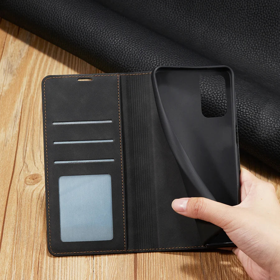 Ultra-Slim iPhone Case — Leather Flip Wallet Cover with Magnetic Suede Finish, Card Slots, Cash Pocket, Stand Function and Lightweight Full-Body Protection