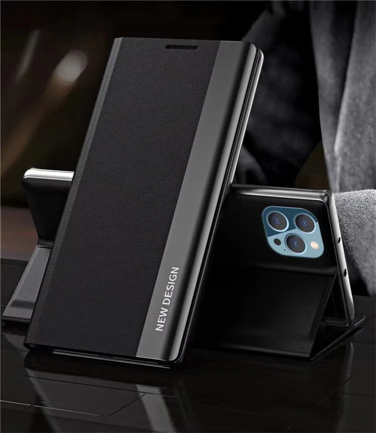 Luxury iPhone Case — Leather Flip Cover with Plating Book-Style Design, Kickstand Holder, Shockproof Protection and Anti-Fingerprint Matte Finish