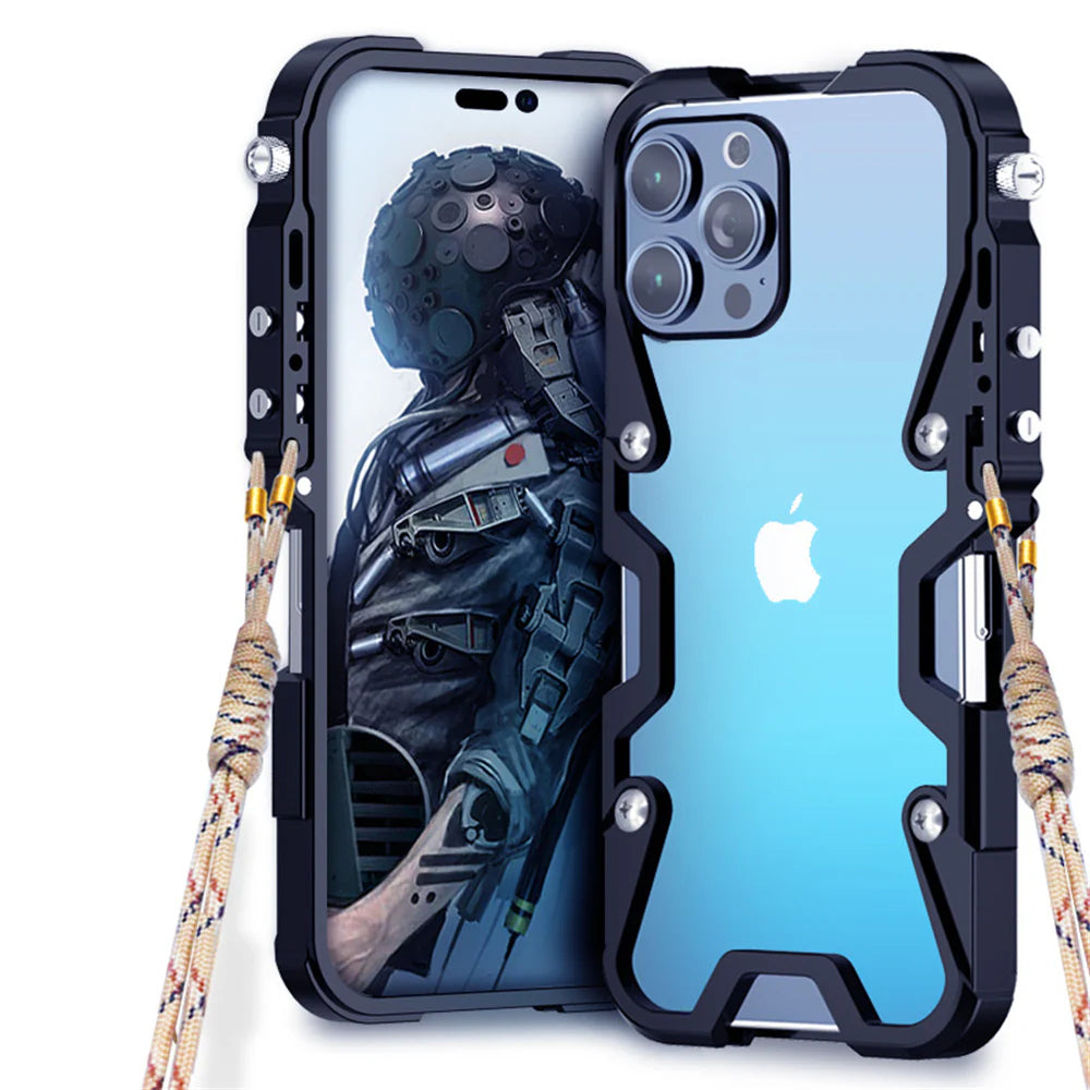 Rugged iPhone Case Aluminum Alloy Bumper Frame — Lightweight Metal Armor Cover, Shockproof Protective Shell with Smooth Edges and Included Lanyard