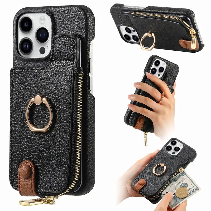 Luxury iPhone Case — Leather Zipper Wallet Cover with Card Holder Slot, Ring Kickstand, Magnetic Closure, Shockproof Drop Protection and Anti-Fingerprint Design
