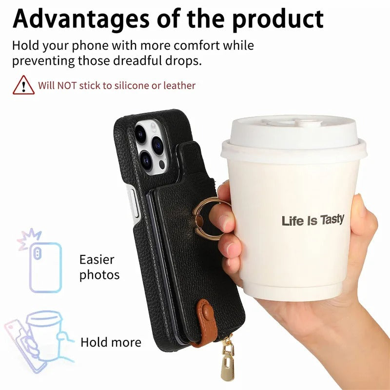 Luxury iPhone Case — Leather Zipper Wallet Cover with Card Holder Slot, Ring Kickstand, Magnetic Closure, Shockproof Drop Protection and Anti-Fingerprint Design