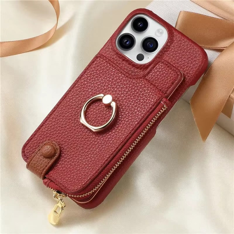 Luxury iPhone Case — Leather Zipper Wallet Cover with Card Holder Slot, Ring Kickstand, Magnetic Closure, Shockproof Drop Protection and Anti-Fingerprint Design