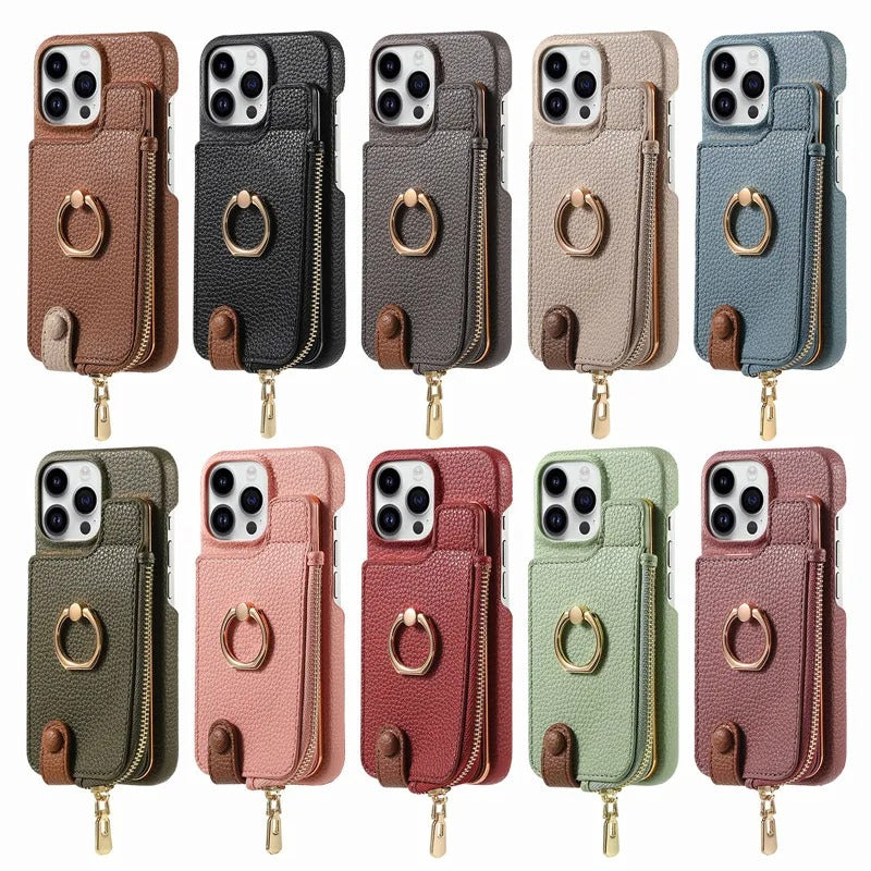 Luxury iPhone Case — Leather Zipper Wallet Cover with Card Holder Slot, Ring Kickstand, Magnetic Closure, Shockproof Drop Protection and Anti-Fingerprint Design