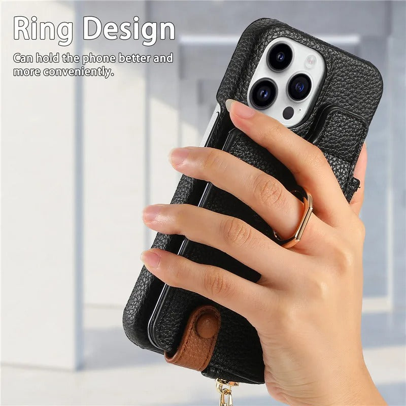Luxury iPhone Case — Leather Zipper Wallet Cover with Card Holder Slot, Ring Kickstand, Magnetic Closure, Shockproof Drop Protection and Anti-Fingerprint Design