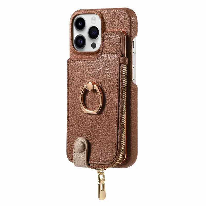 Luxury iPhone Case — Leather Zipper Wallet Cover with Card Holder Slot, Ring Kickstand, Magnetic Closure, Shockproof Drop Protection and Anti-Fingerprint Design