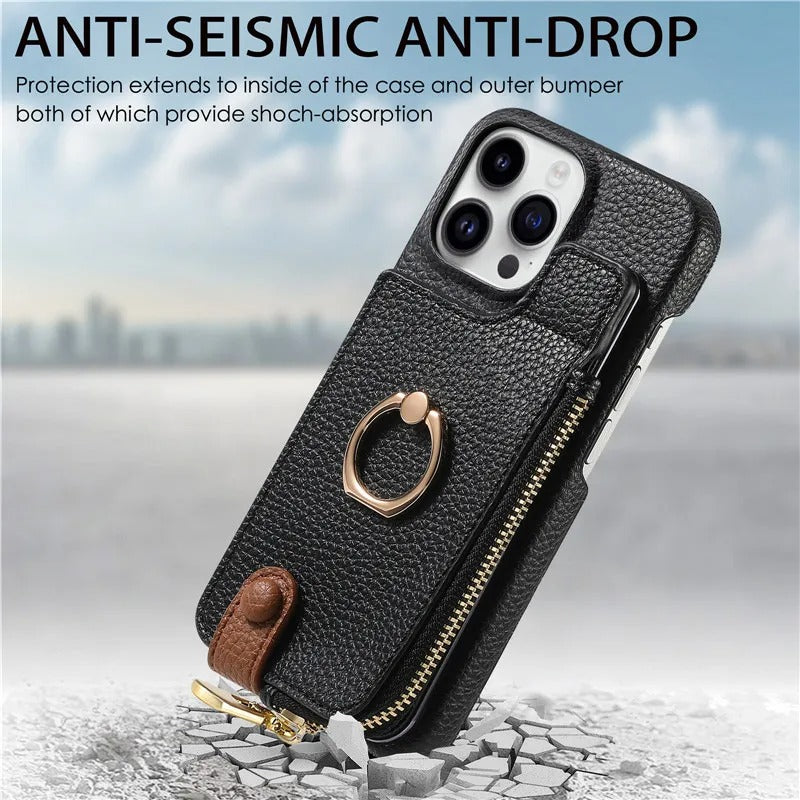 Luxury iPhone Case — Leather Zipper Wallet Cover with Card Holder Slot, Ring Kickstand, Magnetic Closure, Shockproof Drop Protection and Anti-Fingerprint Design