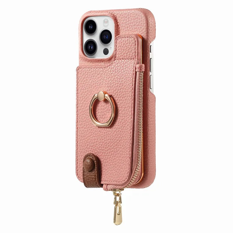 Luxury iPhone Case — Leather Zipper Wallet Cover with Card Holder Slot, Ring Kickstand, Magnetic Closure, Shockproof Drop Protection and Anti-Fingerprint Design
