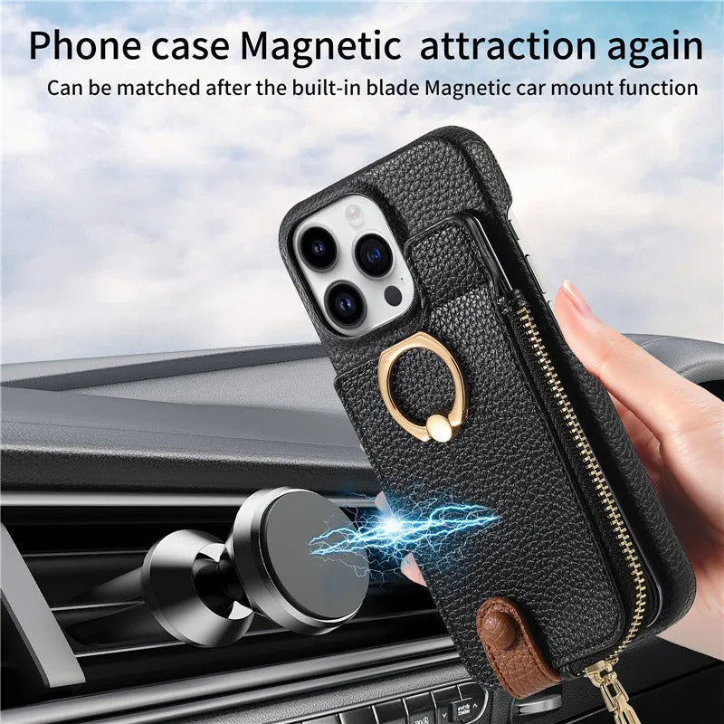 Luxury iPhone Case — Leather Zipper Wallet Cover with Card Holder Slot, Ring Kickstand, Magnetic Closure, Shockproof Drop Protection and Anti-Fingerprint Design