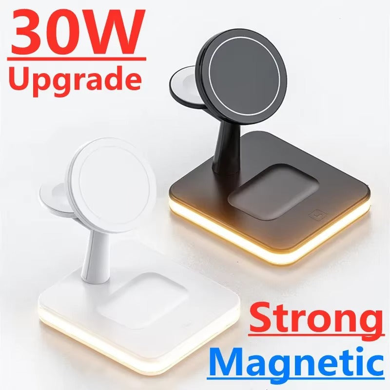 Elite iPhone 3-in-1 Magnetic Wireless Charging Station, 30W Fast-Charge Stand with LED Lamp and Built-In Cooling Fan