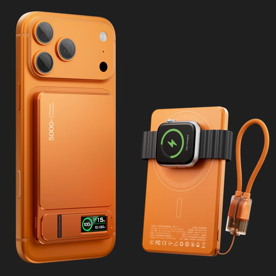 Elite iPhone 3-in-1 Magnetic Wireless Power Bank, 20W Fast-Charge Slim Portable Battery with Built-In Stand, Digital Display & Watch Support