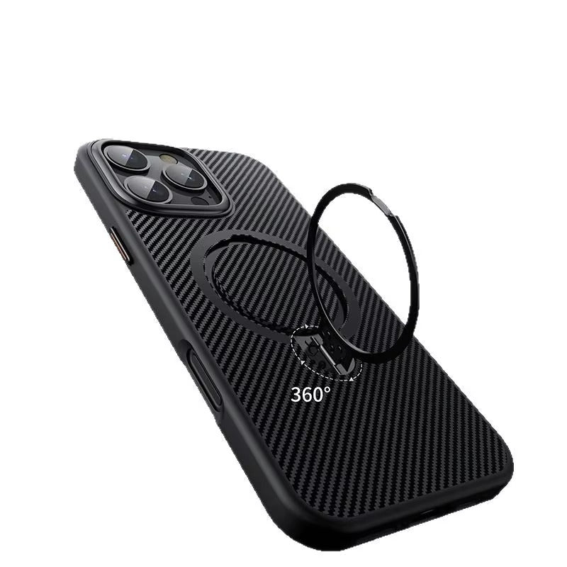Elite iPhone Case — MagSafe Carbon-Fiber Aramid Style Cover with 360° Ring Stand, Shockproof Airbag Corners and Magnetic Mount Support