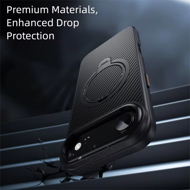 Elite iPhone Case — MagSafe Carbon-Fiber Aramid Style Cover with 360° Ring Stand, Shockproof Airbag Corners and Magnetic Mount Support