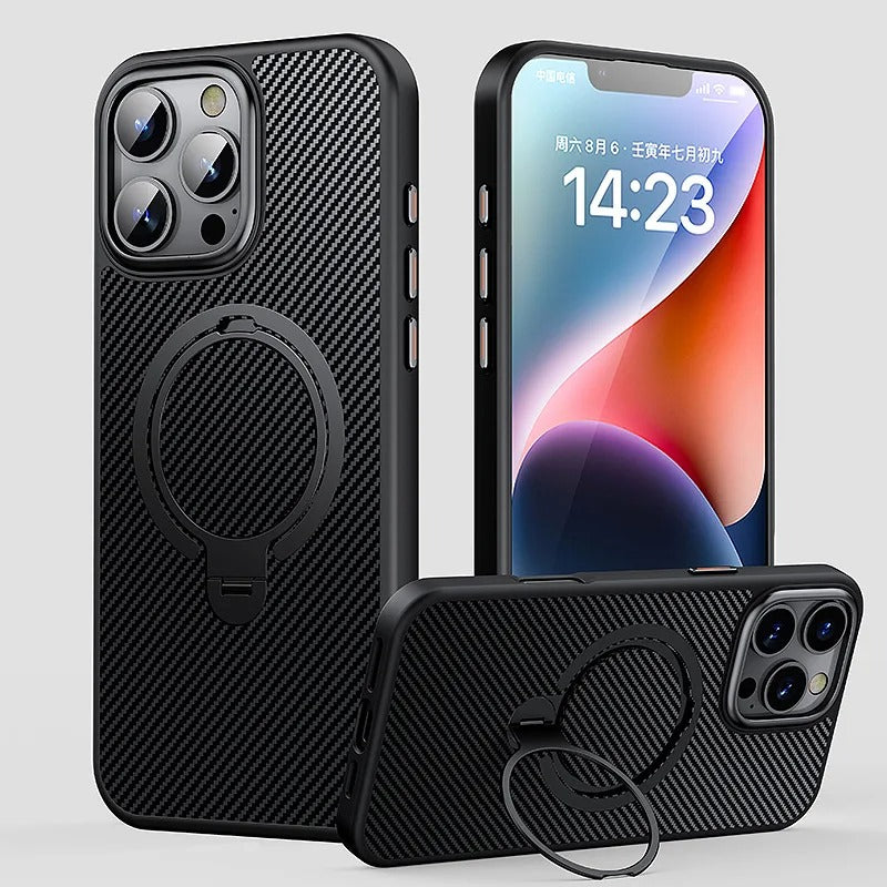 Elite iPhone Case — MagSafe Carbon-Fiber Aramid Style Cover with 360° Ring Stand, Shockproof Airbag Corners and Magnetic Mount Support