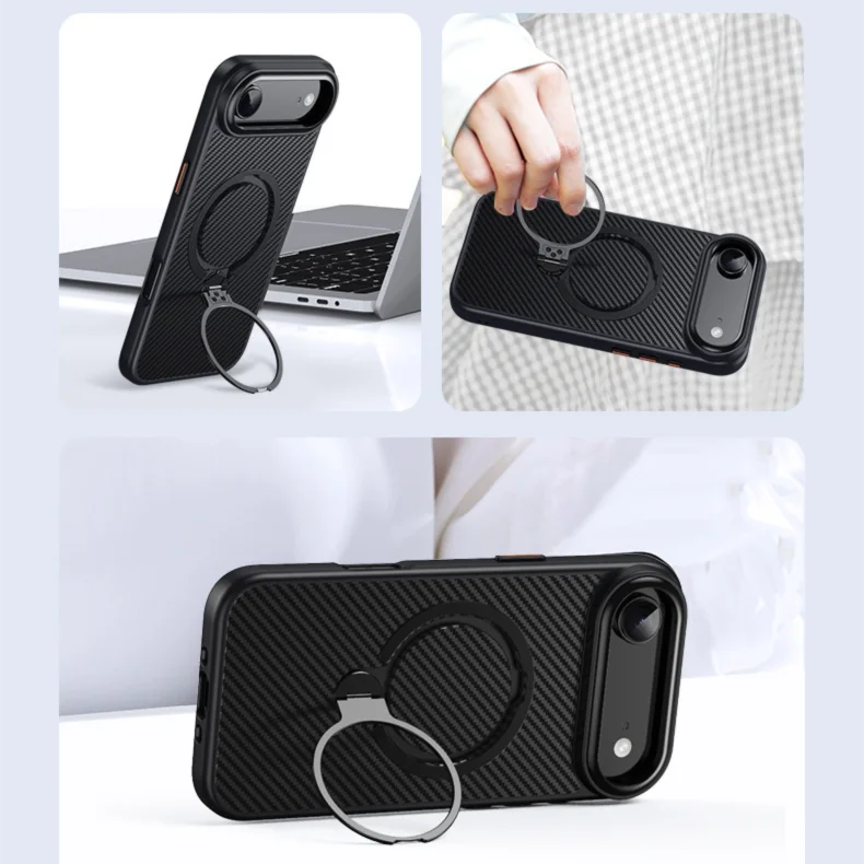 Elite iPhone Case — MagSafe Carbon-Fiber Aramid Style Cover with 360° Ring Stand, Shockproof Airbag Corners and Magnetic Mount Support