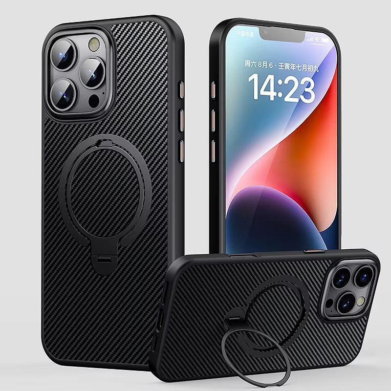 Elite iPhone Case — MagSafe Carbon-Fiber Aramid Style Cover with 360° Ring Stand, Shockproof Airbag Corners and Magnetic Mount Support