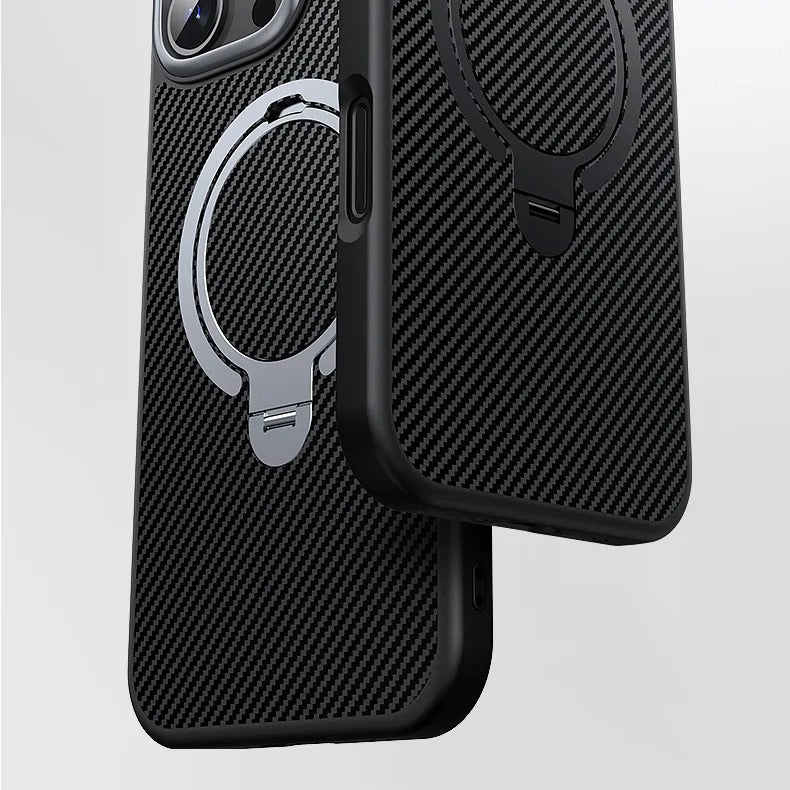 Elite iPhone Case — MagSafe Carbon-Fiber Aramid Style Cover with 360° Ring Stand, Shockproof Airbag Corners and Magnetic Mount Support