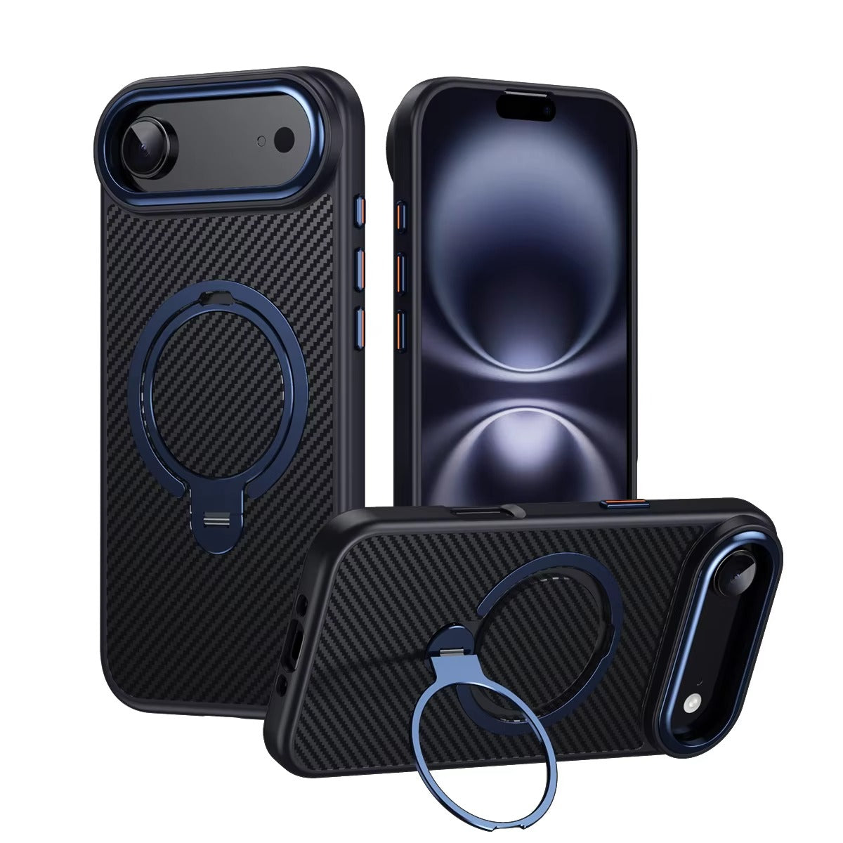 Elite iPhone Case — MagSafe Carbon-Fiber Aramid Style Cover with 360° Ring Stand, Shockproof Airbag Corners and Magnetic Mount Support