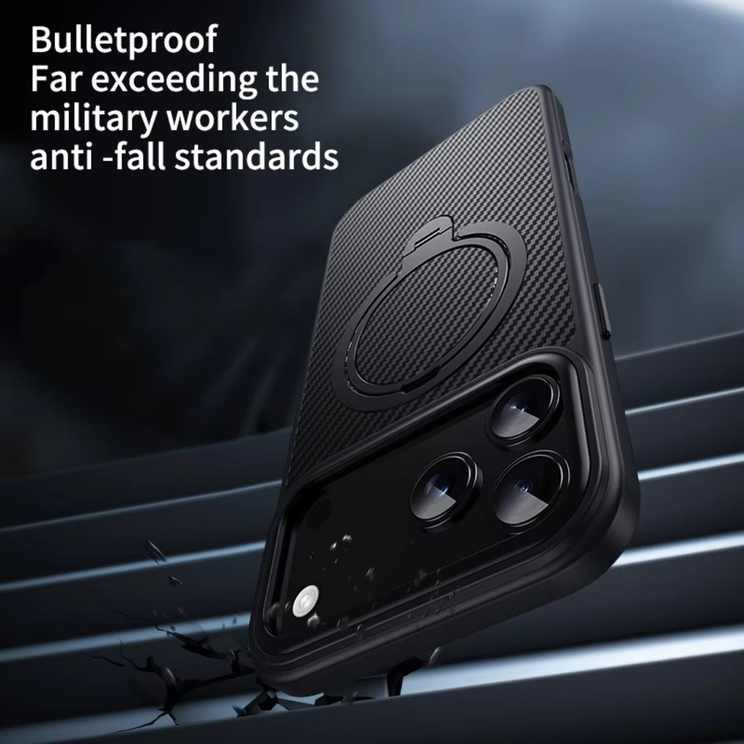 Elite iPhone Case — MagSafe Carbon-Fiber Aramid Style Cover with 360° Ring Stand, Shockproof Airbag Corners and Magnetic Mount Support