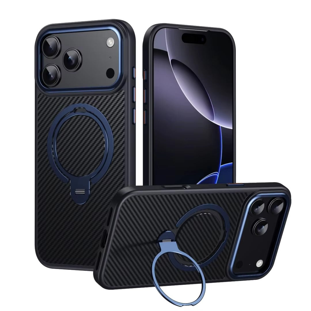 Elite iPhone Case — MagSafe Carbon-Fiber Aramid Style Cover with 360° Ring Stand, Shockproof Airbag Corners and Magnetic Mount Support