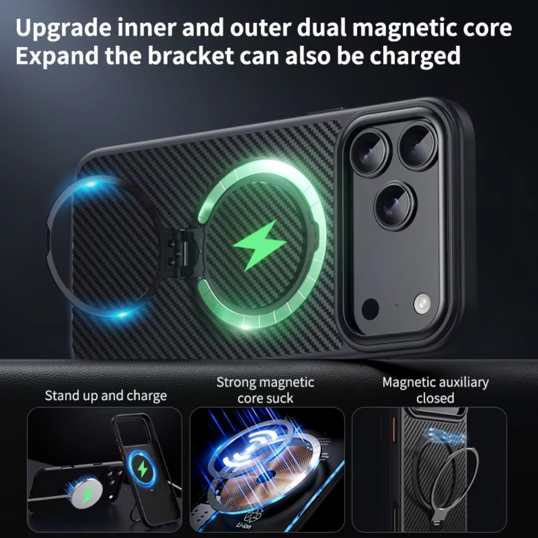 Elite iPhone Case — MagSafe Carbon-Fiber Aramid Style Cover with 360° Ring Stand, Shockproof Airbag Corners and Magnetic Mount Support
