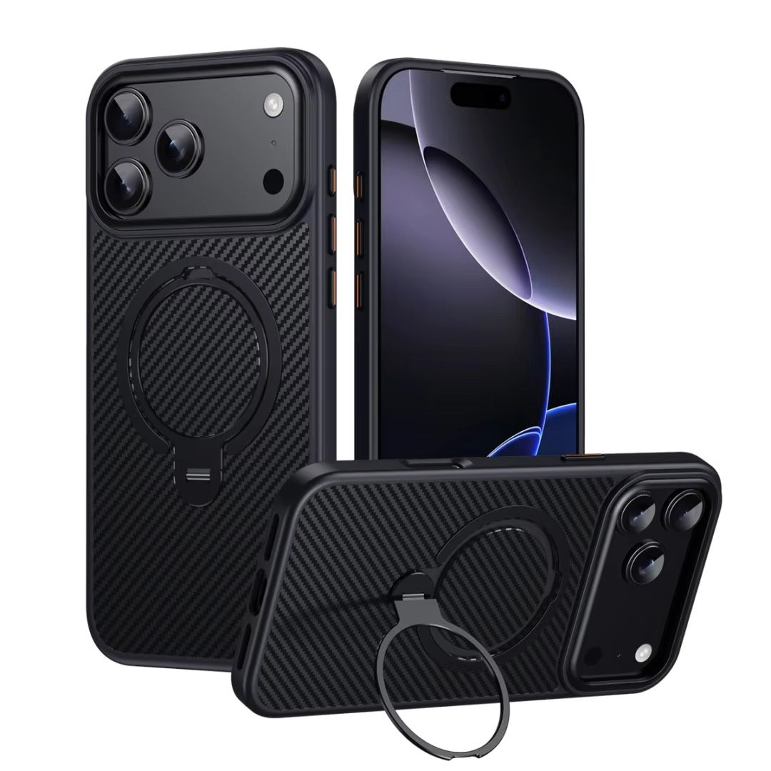 Elite iPhone Case — MagSafe Carbon-Fiber Aramid Style Cover with 360° Ring Stand, Shockproof Airbag Corners and Magnetic Mount Support