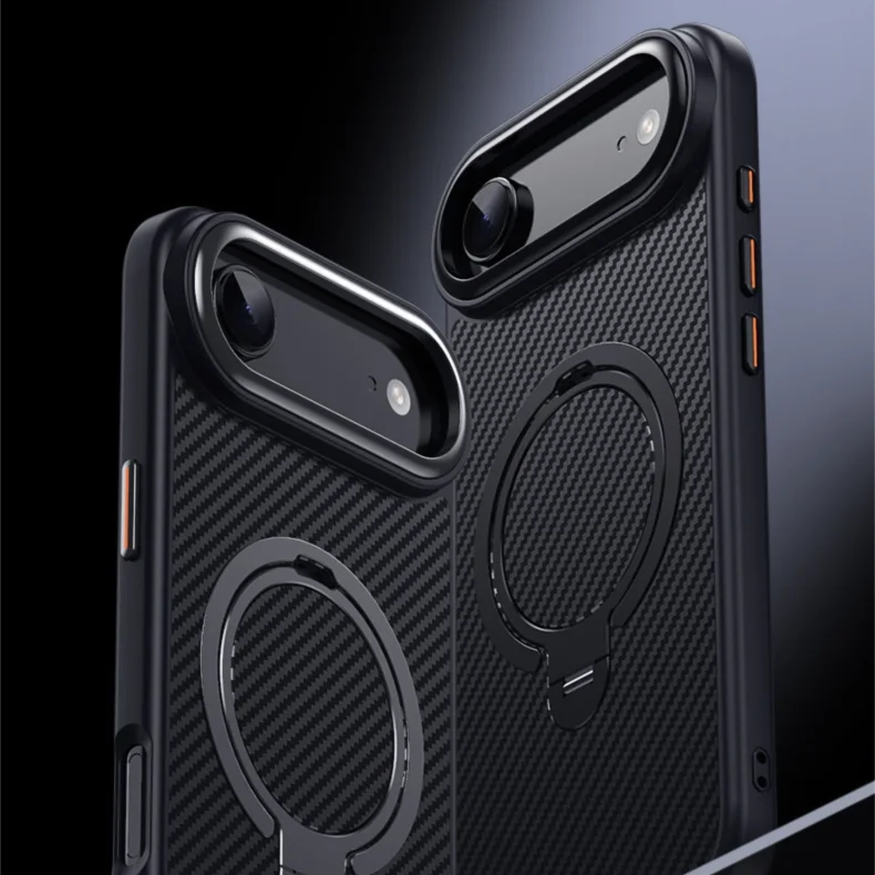 Elite iPhone Case — MagSafe Carbon-Fiber Aramid Style Cover with 360° Ring Stand, Shockproof Airbag Corners and Magnetic Mount Support