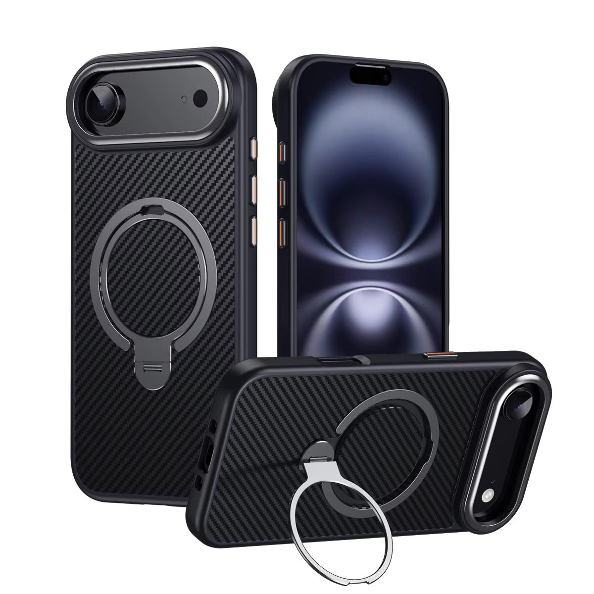 Elite iPhone Case — MagSafe Carbon-Fiber Aramid Style Cover with 360° Ring Stand, Shockproof Airbag Corners and Magnetic Mount Support