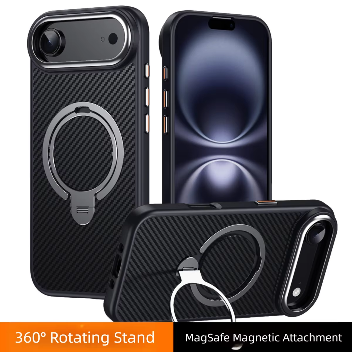 Elite iPhone Case — MagSafe Carbon-Fiber Aramid Style Cover with 360° Ring Stand, Shockproof Airbag Corners and Magnetic Mount Support