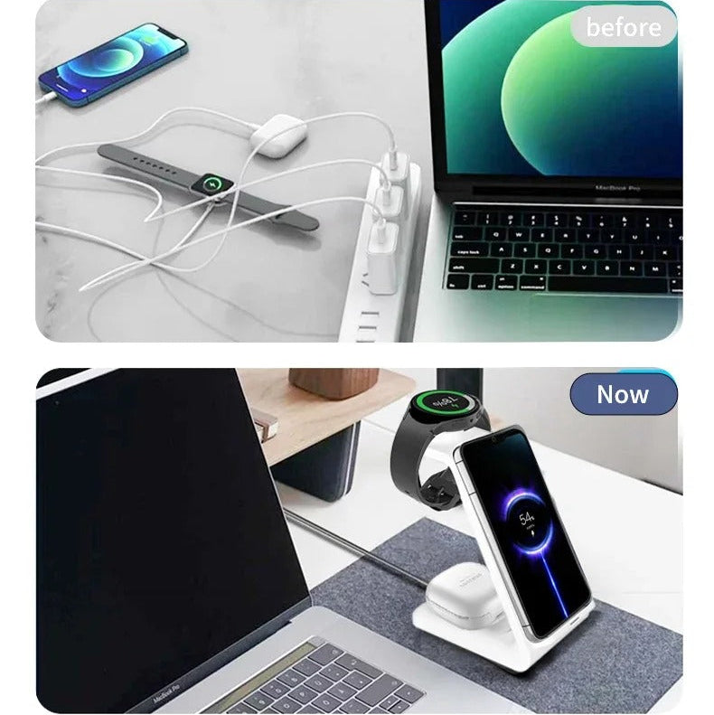 High-Quality 3-in-1 Wireless Charging Station Stand, 30W Fast-Charge Dock for Phones, Smart Watches & Earbuds with Charging Indicator