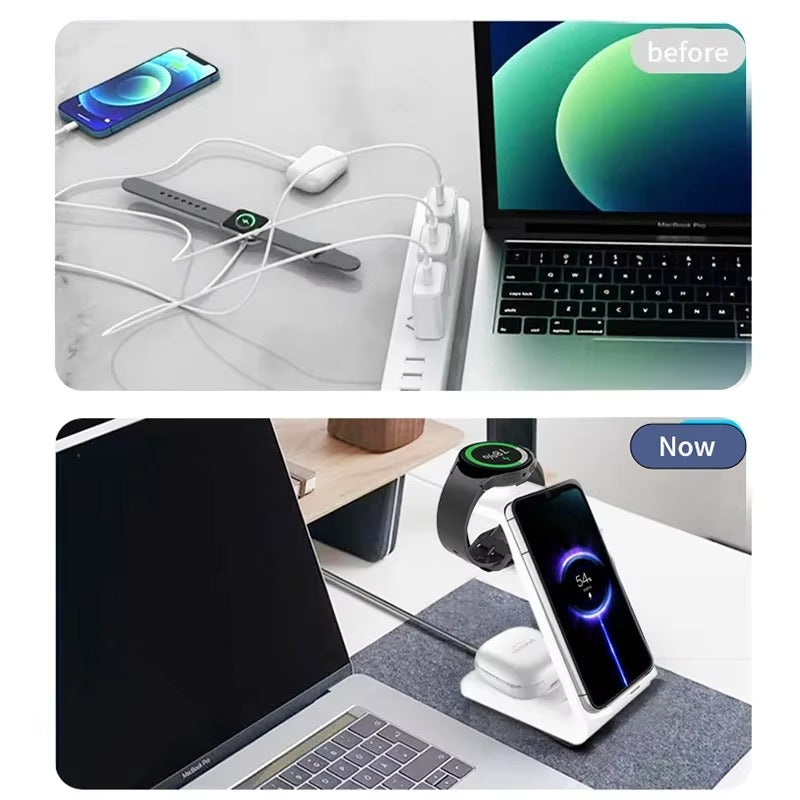 High-Quality 3-in-1 Wireless Charging Station Stand, 30W Fast-Charge Dock for Phones, Smart Watches & Earbuds with Charging Indicator