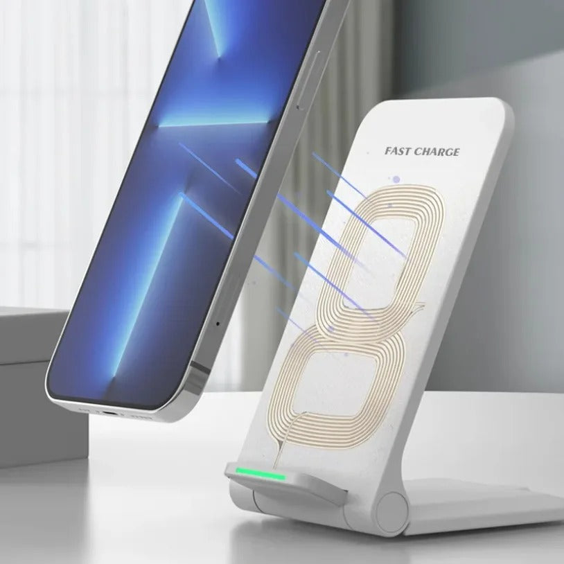 High-Quality 30W Wireless Charger Stand with Rapid Charging, Compact Foldable Design, Vertical & Horizontal Viewing, USB-C Power & Built-In Safety Guard