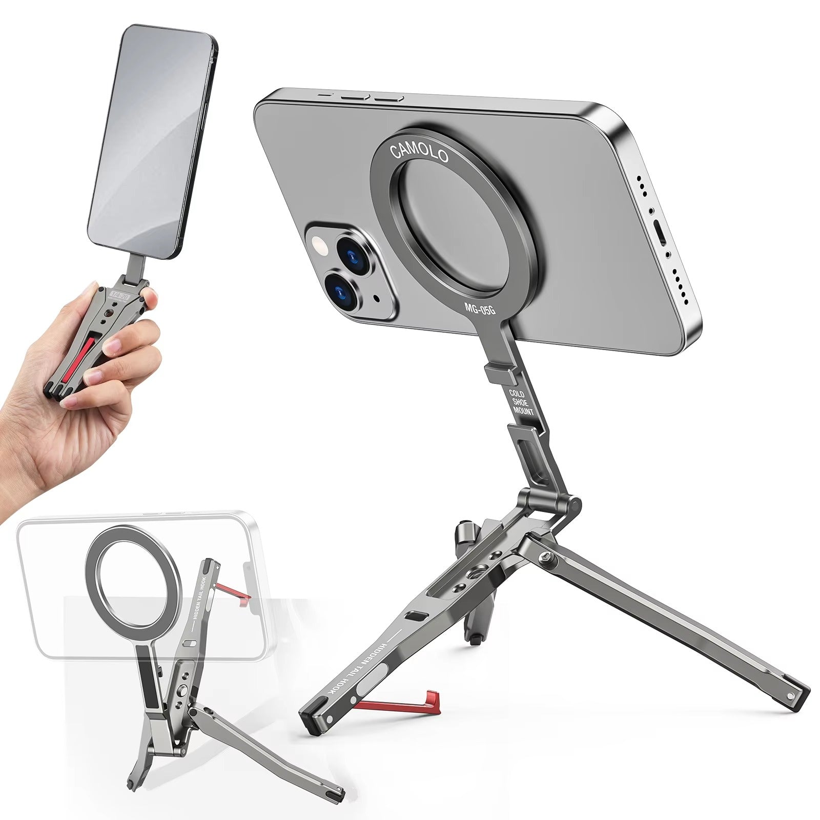 High-Quality MagSafe Pocket Phone Tripod, Foldable Magnetic Stand with Ring Grip, Cold Shoe Mount & 1/4″ Screw Adapter