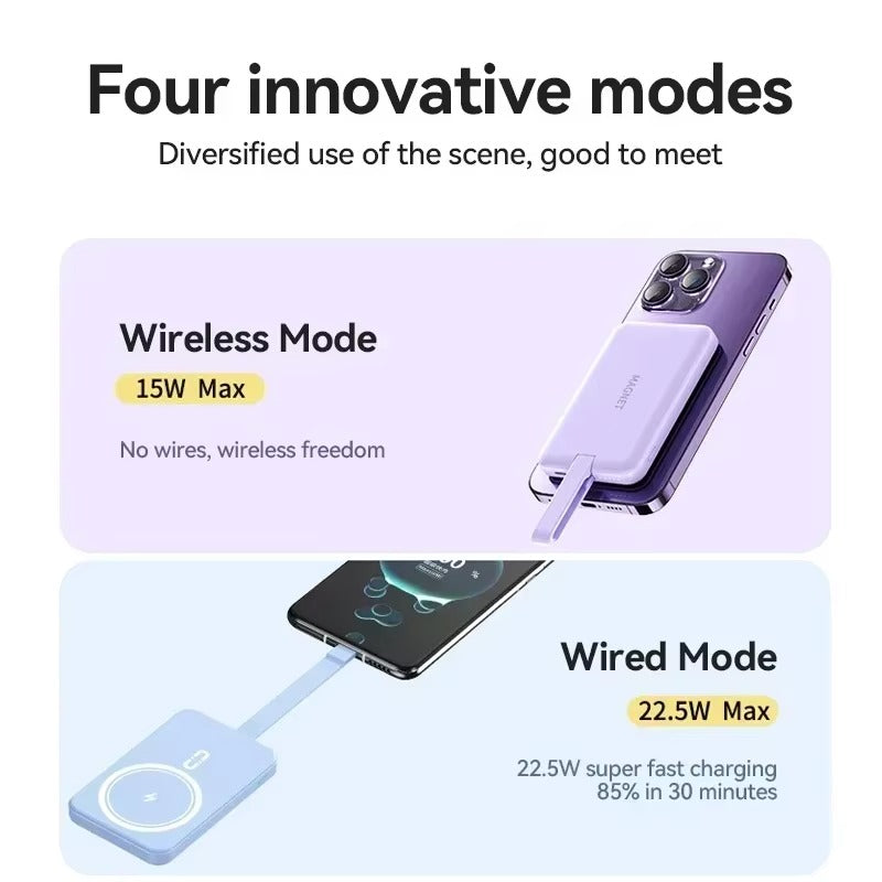 High-Quality Wireless Power Bank with LED Display, 23W Fast-Charge Portable Battery Featuring Built-In Cables, Flashlight & Hand Warmer