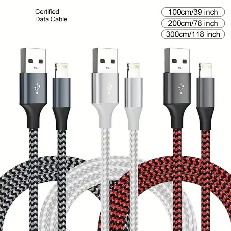 High-Quality iPhone USB-A to Lightning Charging Cable, 12W Fast-Charge Nylon Braided Data Cable with Durable 2.4A Output