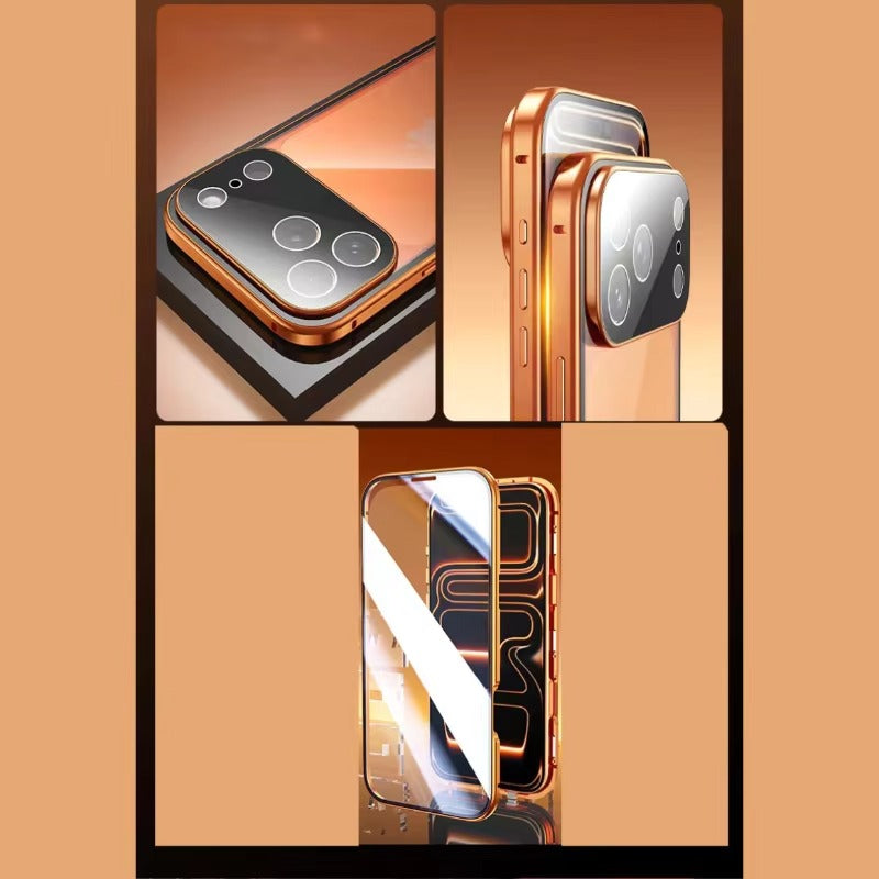Luxury iPhone Case — 360° Full Protection Double-Sided Magnetic Glass with Aluminum Alloy Frame, Snap-Lock Bumper Cover, Shockproof, Anti-Scratch Design