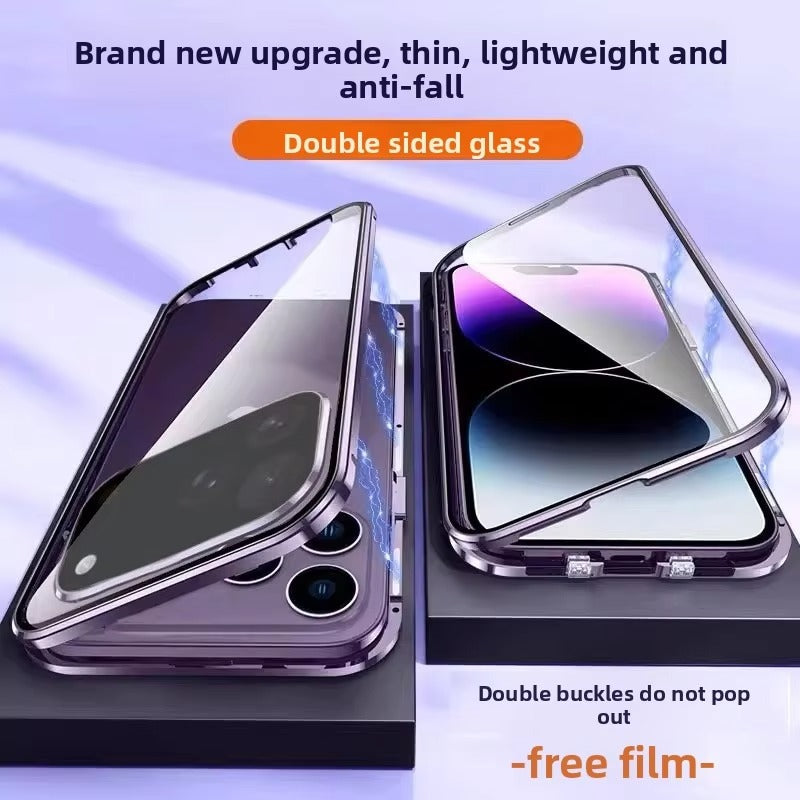 Luxury iPhone Case — 360° Full Protection Double-Sided Magnetic Glass with Aluminum Alloy Frame, Snap-Lock Bumper Cover, Shockproof, Anti-Scratch Design