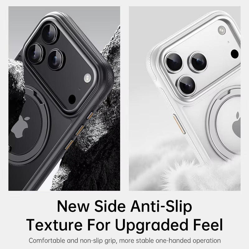 Luxury iPhone Case — 360° Rotating Magnetic MagSafe Compatible PC+Metal Half-Wrapped Cover with Stand Holder, Shockproof, Anti-Fingerprint, Non-Slip Design